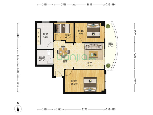 福津大街（双涵路117-127） 3室1厅1卫 87平方
