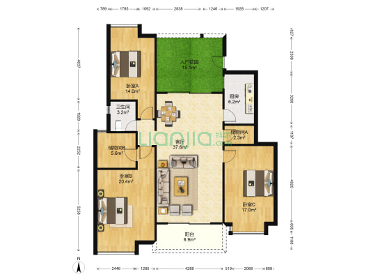 钰龙天下佳园 3室1厅1卫 137平方