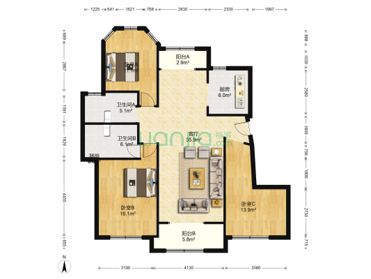 洞庭湖国际公馆 3室1厅2卫 125平方