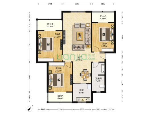 仁达公寓 3室1厅1卫 124平方