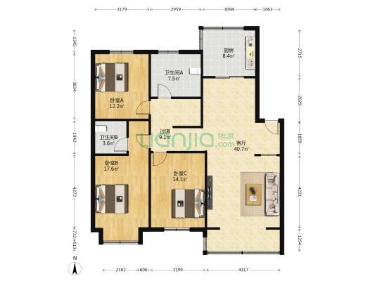 云翠园 3室1厅2卫 137平方