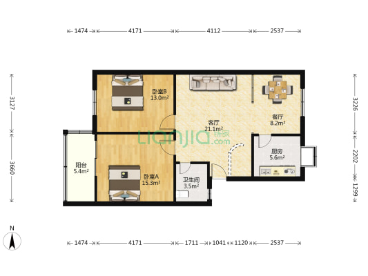 杜岭街60号院 2室2厅1卫 87平方