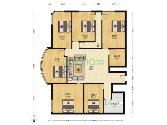 地王大厦 6室1厅1卫 206平方