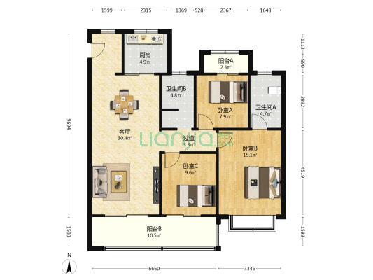 中国铁建·梧桐苑 3室1厅2卫 136平方