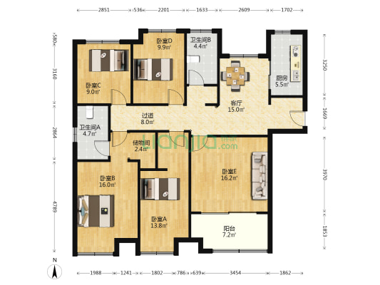 万达揽湖苑B区 5室1厅2卫 139平方