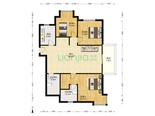 利玛国际锦苑 3室1厅2卫 128平方