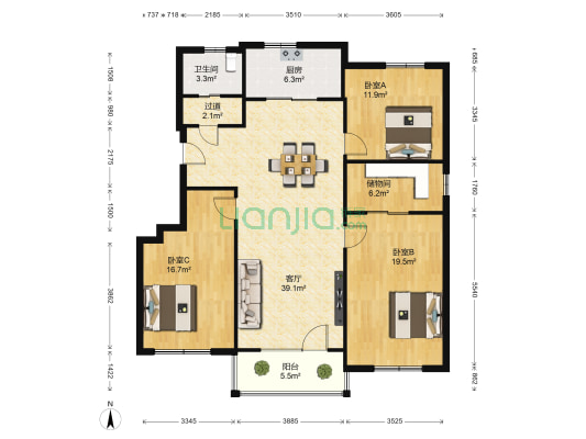 招商·海德公学一期 3室1厅1卫 121平方