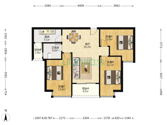 恒大江湾 3室1厅1卫 103平方