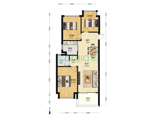 仁恒河滨花园 3室2厅1卫 87平方