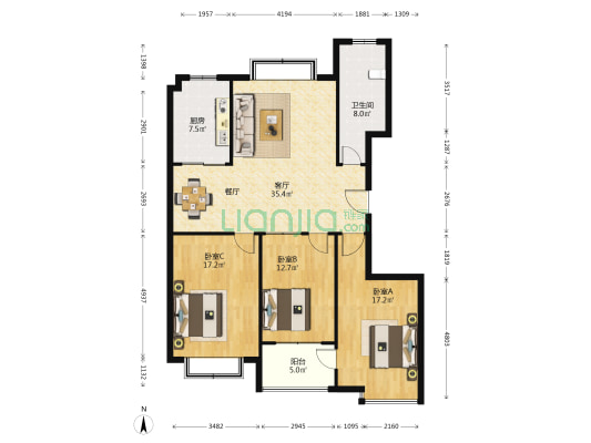 白领公寓 3室1厅1卫 137平方