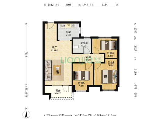青岛碧桂园瑞源朗悦湾 3室1厅1卫 88平方