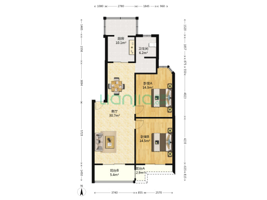 天华园 2室1厅1卫 94平方