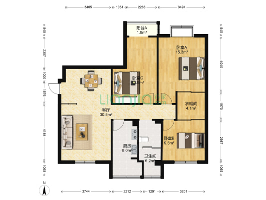 姑溪山水二期 3室1厅1卫 109平方