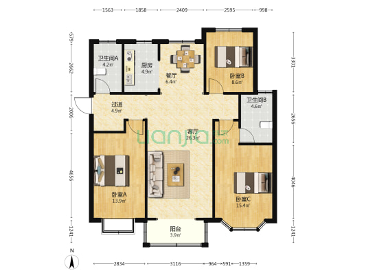 赵都新城朗和园 3室2厅2卫 133平方