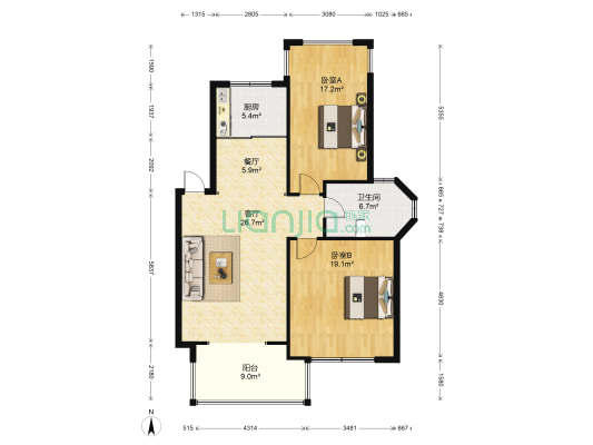 中富花园 2室2厅1卫 88平方