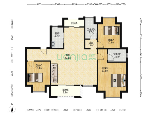 荣盛华庭 3室1厅2卫 133平方