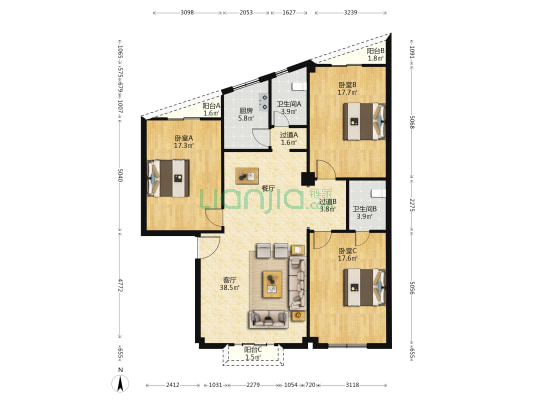 银成公寓 3室1厅2卫 150平方
