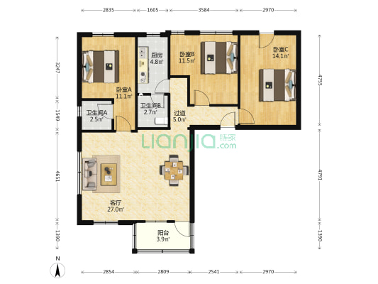 丽景雅苑 3室1厅2卫 100平方