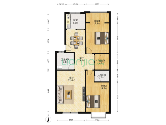 湘欣名居 2室2厅2卫 108平方