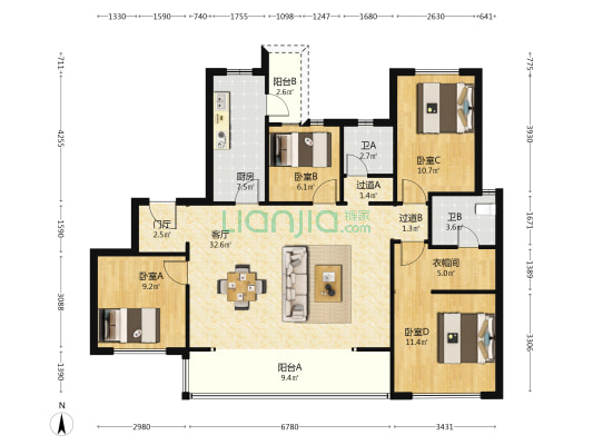 德商花都天骄城 4室1厅2卫 136平方
