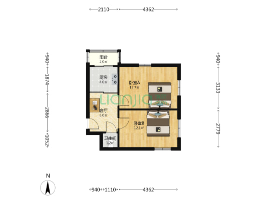 湖东园林小区 2室1厅1卫 52平方