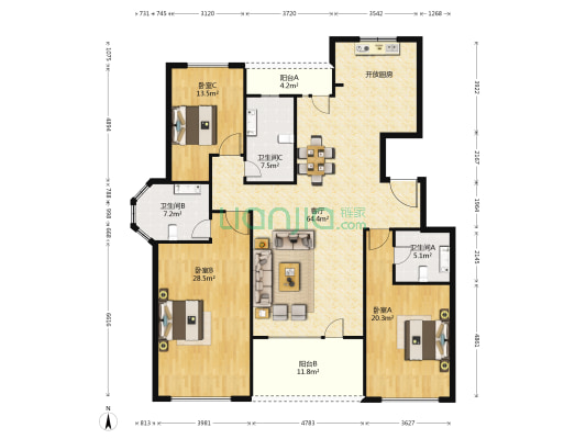 优山世家 3室1厅3卫 183平方