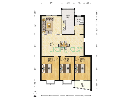 姑孰新城二村海棠苑 3室1厅1卫 119平方