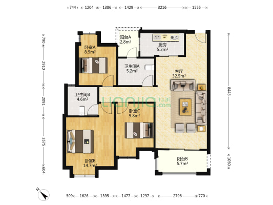 万达城闲山悦四区 3室1厅2卫 97平方