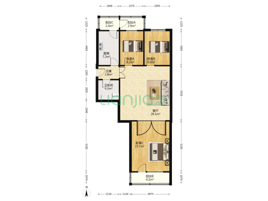 巨福园 3室1厅1卫 113平方