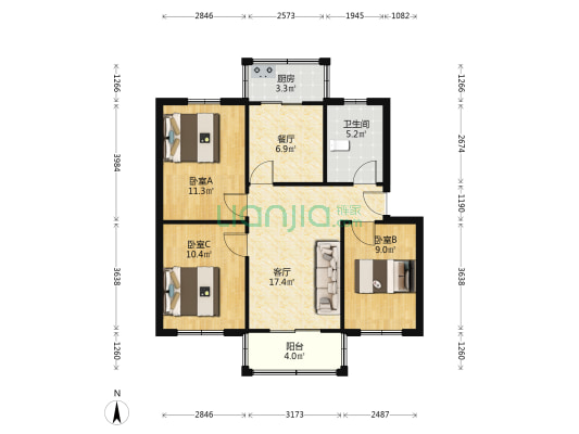 范阳水电小区 3室2厅 南 北-户型图