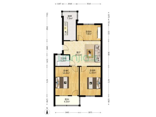 朱方路233号 3室1厅1卫 82平方