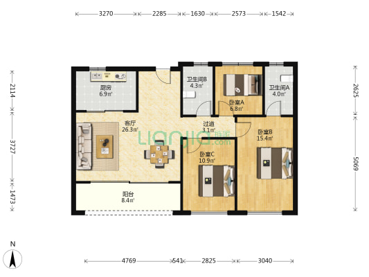 绿城晓月和风 3室1厅2卫 108平方