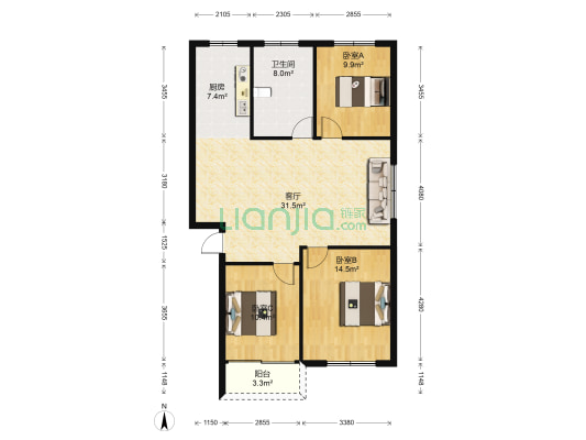 兴越南区 3室1厅1卫 100平方