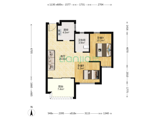 阳光100阿尔勒二期 2室1厅1卫 72平方