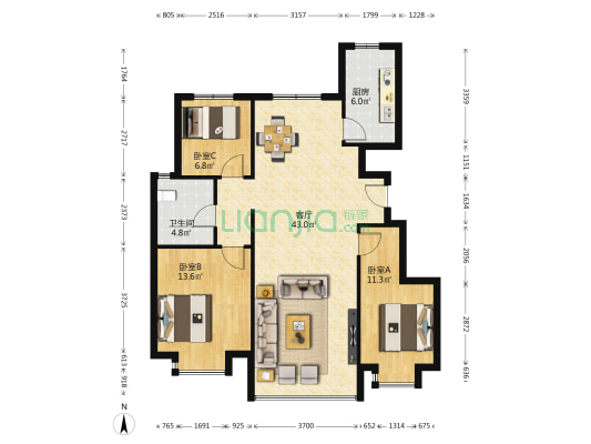 恒大时代新城 3室1厅1卫 117平方