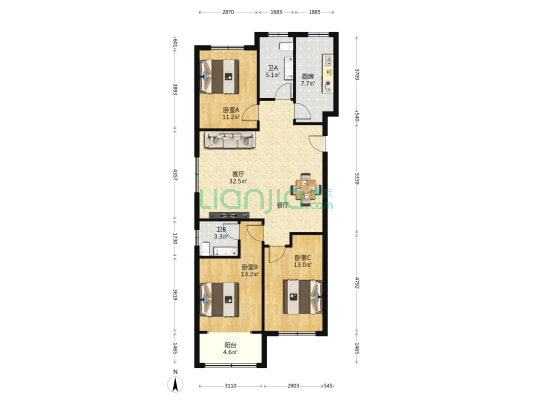 新湖居 3室1厅2卫 134平方