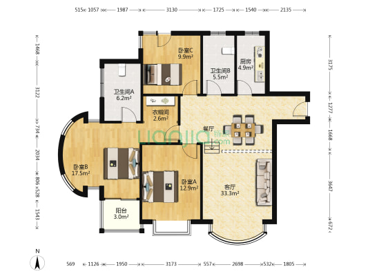 东方金门花园 3室1厅2卫 135平方
