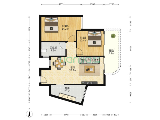 瑞海花园 2室1厅1卫 83平方