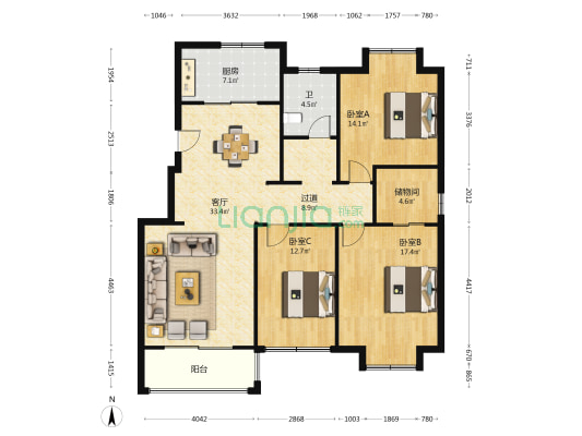 翡翠东方 3室1厅1卫 140平方