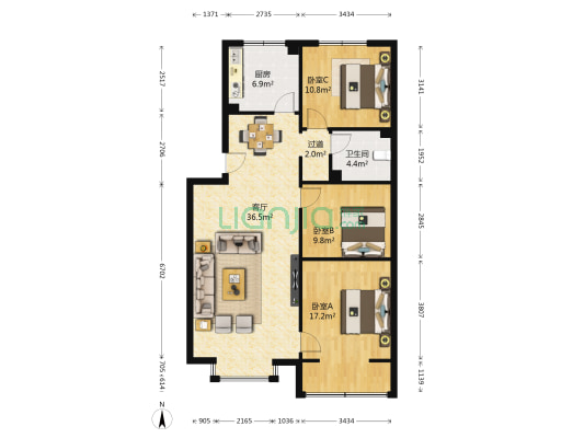 警备区干休所 3室1厅1卫 103平方