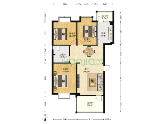 国润新锦江 3室1厅1卫 107平方