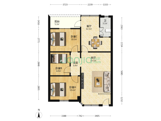 翠香街 3室2厅1卫 84平方