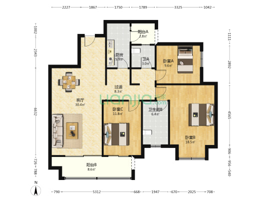 公园九里玺悦A区 3室1厅2卫 135平方