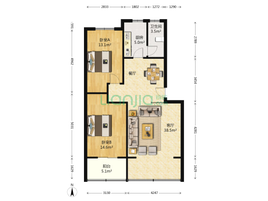 仪器厂宿舍 2室1厅1卫 93平方