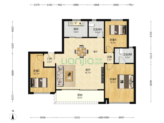 金地都会之光 3室1厅2卫 127平方