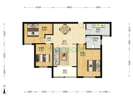 堰新苑四期 3室1厅1卫 113平方