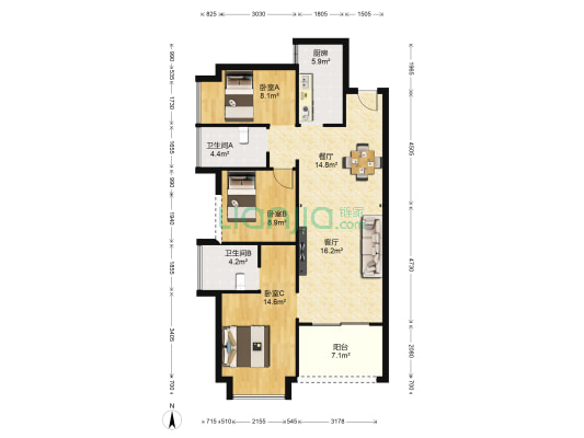 宁海尚峰二期 3室2厅2卫 96平方
