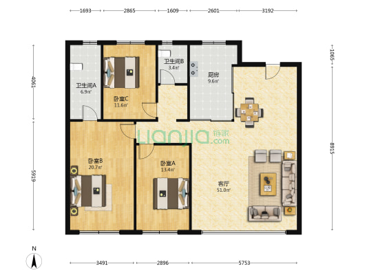 万科紫郡 3室1厅2卫 148平方