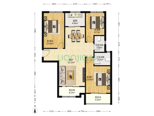 金辉优步花园 3室1厅2卫 110平方