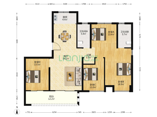 瑞璟嘉园B区 4室1厅2卫 164平方